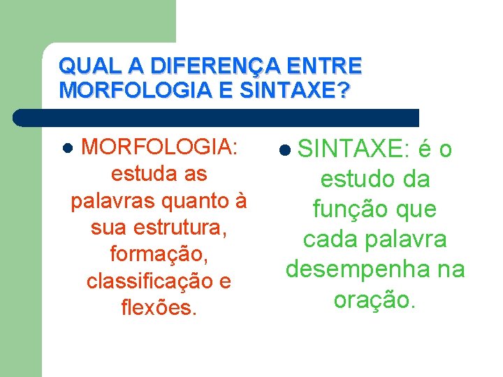 QUAL A DIFERENÇA ENTRE MORFOLOGIA E SINTAXE? MORFOLOGIA: estuda as palavras quanto à sua