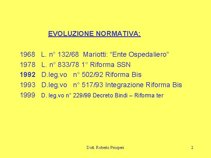 EVOLUZIONE NORMATIVA: 1968 1978 1992 1993 1999 L. n° 132/68 Mariotti: “Ente Ospedaliero” L.