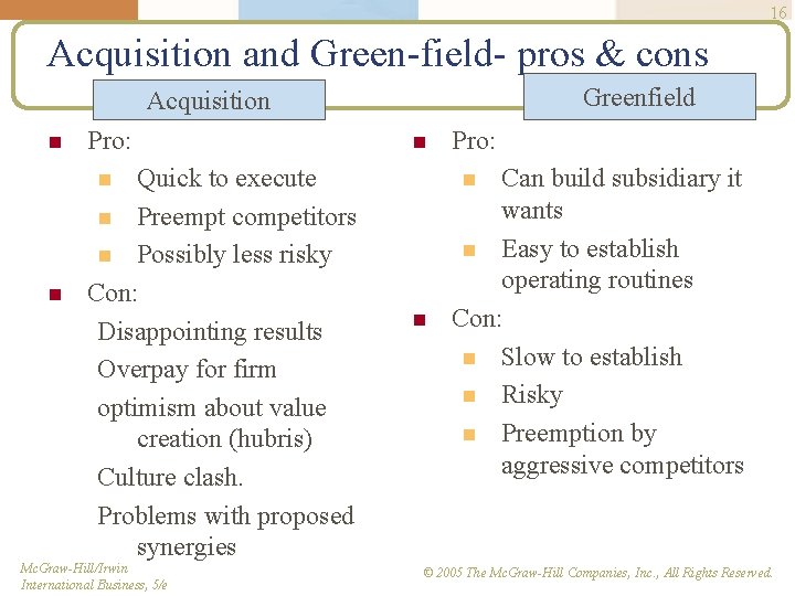 16 Acquisition and Green-field- pros & cons Greenfield Acquisition n Pro: Quick to execute