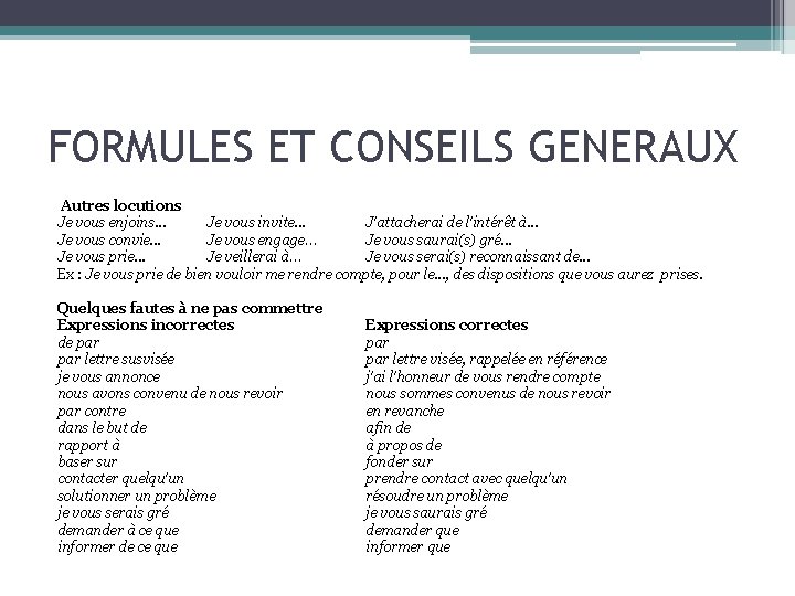 FORMULES ET CONSEILS GENERAUX Autres locutions Je vous enjoins. . . Je vous invite.