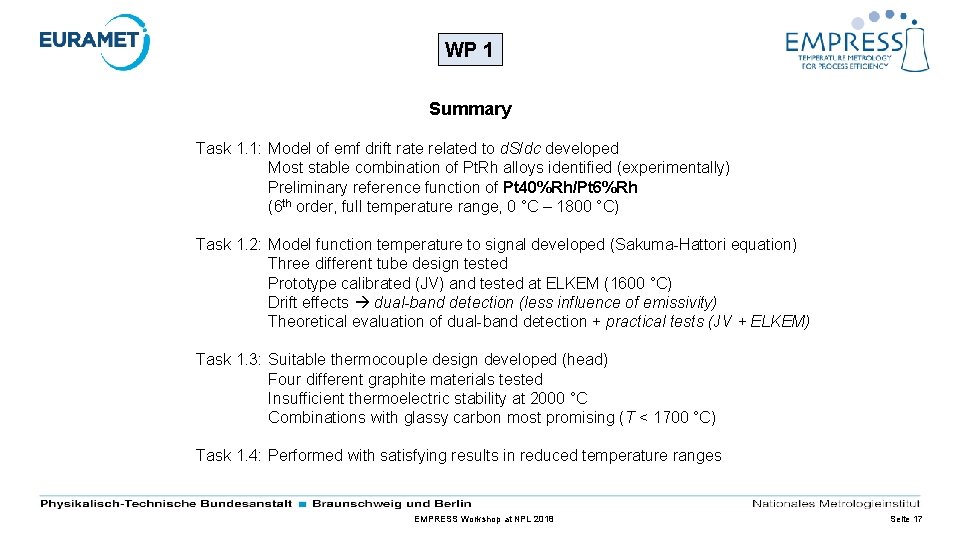 WP 1 Summary Task 1. 1: Model of emf drift rate related to d.