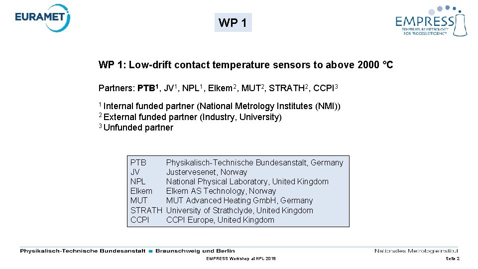 WP 1: Low-drift contact temperature sensors to above 2000 °C Partners: PTB 1, JV