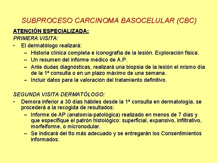 SUBPROCESO CARCINOMA BASOCELULAR (CBC) ATENCIÓN ESPECIALIZADA: PRIMERA VISITA: • El dermatólogo realizará: – Historia