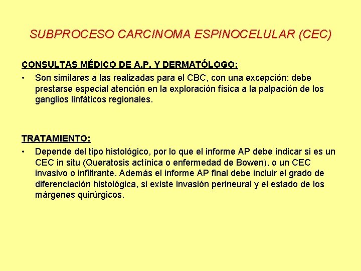 SUBPROCESO CARCINOMA ESPINOCELULAR (CEC) CONSULTAS MÉDICO DE A. P. Y DERMATÓLOGO: • Son similares