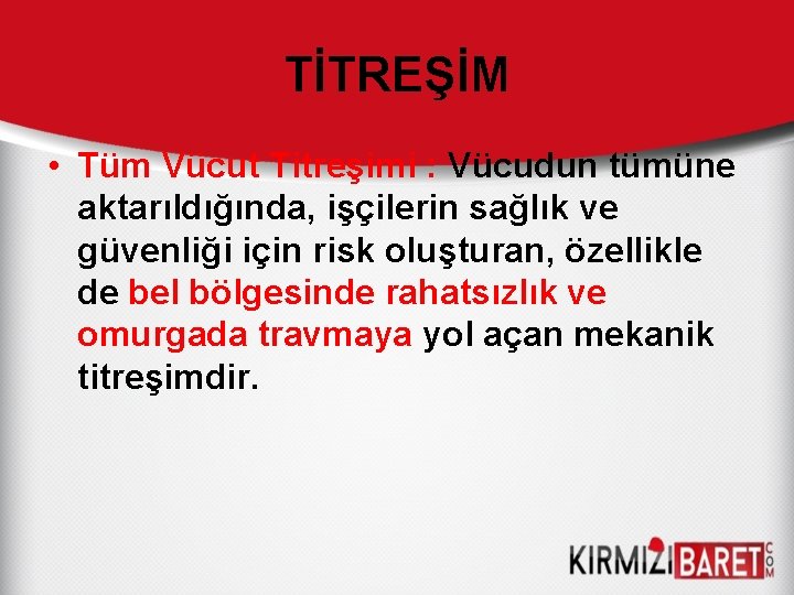 TİTREŞİM • Tüm Vücut Titreşimi : Vücudun tümüne aktarıldığında, işçilerin sağlık ve güvenliği için