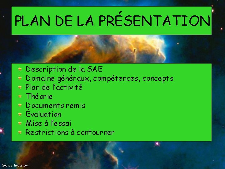 PLAN DE LA PRÉSENTATION Description de la SAE Domaine généraux, compétences, concepts Plan de