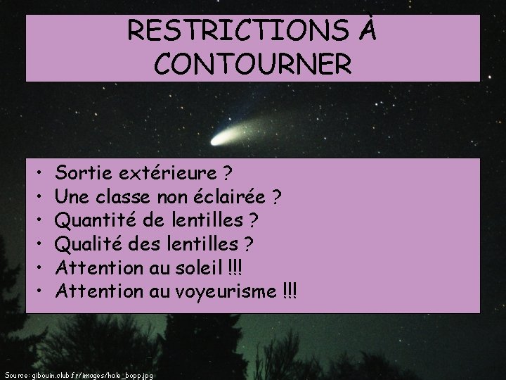 RESTRICTIONS À CONTOURNER • • • Sortie extérieure ? Une classe non éclairée ?