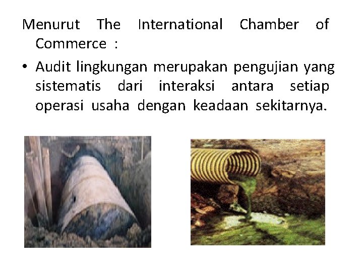 Menurut The International Chamber of Commerce : • Audit lingkungan merupakan pengujian yang sistematis