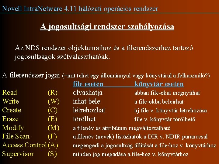 Novell Intra. Netware 4. 11 hálózati operációs rendszer A jogosultsági rendszer szabályozása Az NDS