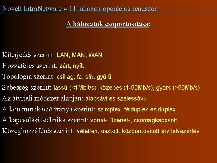 Novell Intra. Netware 4. 11 hálózati operációs rendszer A hálózatok csoportosítása: Kiterjedés szerint: LAN,