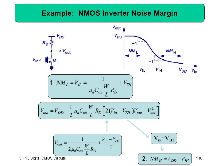 Example: NMOS Inverter Noise Margin 1: Vin=VIH CH 15 Digital CMOS Circuits 2: 118 Example: NMOS Inverter Noise Margin 1: Vin=VIH CH 15 Digital CMOS Circuits 2: 118