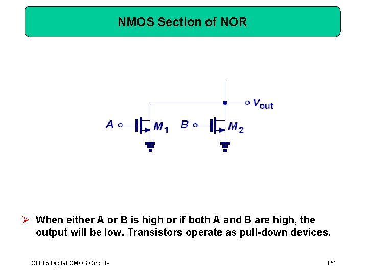 NMOS Section of NOR Ø When either A or B is high or if NMOS Section of NOR Ø When either A or B is high or if