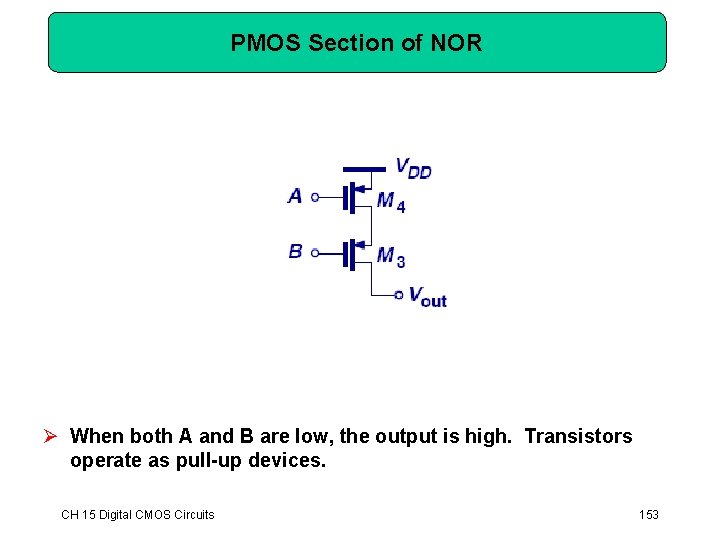 PMOS Section of NOR Ø When both A and B are low, the output PMOS Section of NOR Ø When both A and B are low, the output