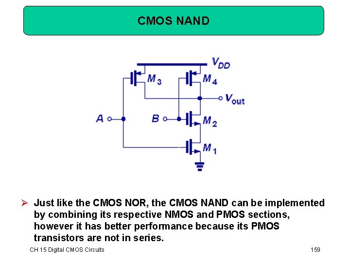 CMOS NAND Ø Just like the CMOS NOR, the CMOS NAND can be implemented CMOS NAND Ø Just like the CMOS NOR, the CMOS NAND can be implemented