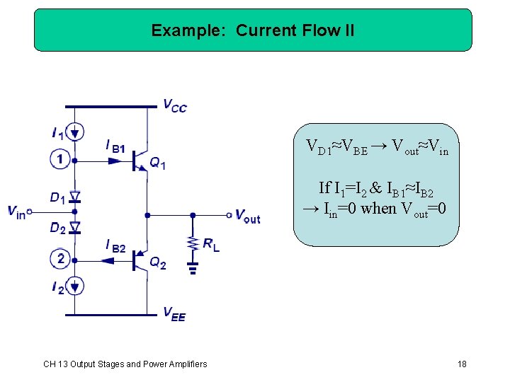 Example: Current Flow II VD 1≈VBE → Vout≈Vin If I 1=I 2 & IB Example: Current Flow II VD 1≈VBE → Vout≈Vin If I 1=I 2 & IB