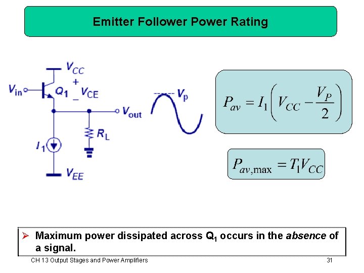 Emitter Follower Power Rating Ø Maximum power dissipated across Q 1 occurs in the Emitter Follower Power Rating Ø Maximum power dissipated across Q 1 occurs in the