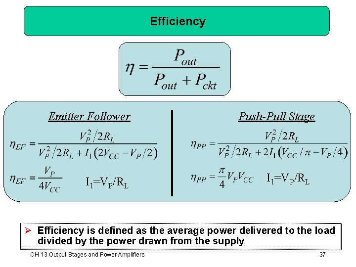 Efficiency Emitter Follower I 1=VP/RL Push-Pull Stage I 1=VP/RL Ø Efficiency is defined as Efficiency Emitter Follower I 1=VP/RL Push-Pull Stage I 1=VP/RL Ø Efficiency is defined as