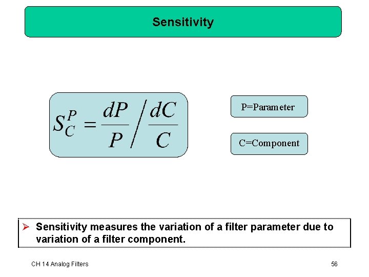 Sensitivity P=Parameter C=Component Ø Sensitivity measures the variation of a filter parameter due to Sensitivity P=Parameter C=Component Ø Sensitivity measures the variation of a filter parameter due to