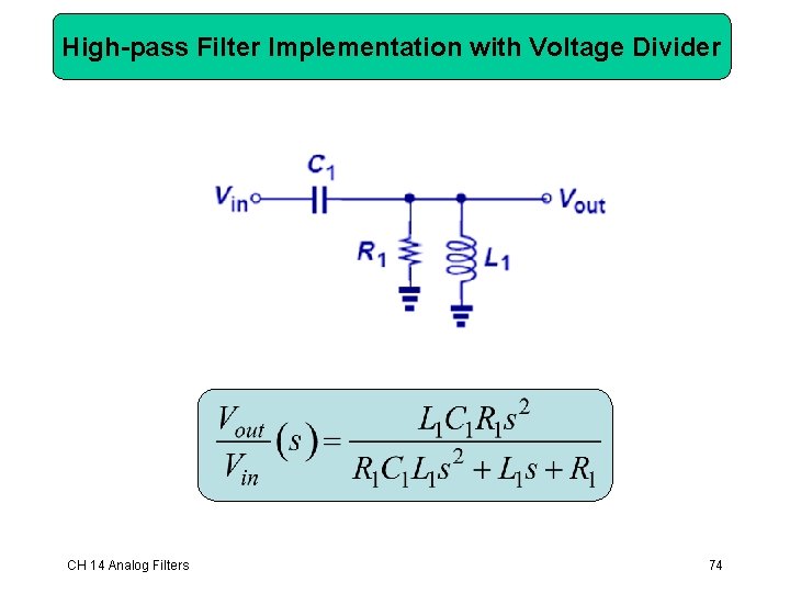 High-pass Filter Implementation with Voltage Divider CH 14 Analog Filters 74 High-pass Filter Implementation with Voltage Divider CH 14 Analog Filters 74