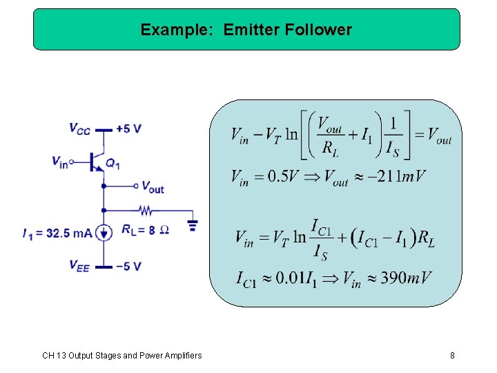 Example: Emitter Follower CH 13 Output Stages and Power Amplifiers 8 Example: Emitter Follower CH 13 Output Stages and Power Amplifiers 8
