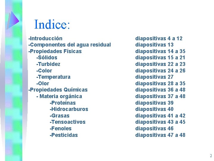 Indice: -Introducción -Componentes del agua residual -Propiedades Físicas -Sólidos -Turbidez -Color -Temperatura -Olor -Propiedades