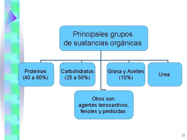 Principales grupos de sustancias orgánicas Proteínas (40 a 60%) Carbohidratos (25 a 50%) Grasa