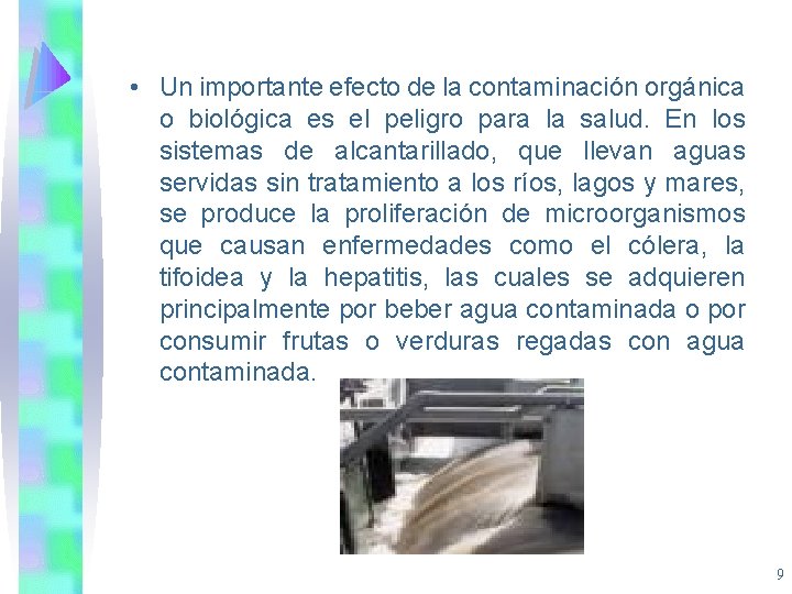  • Un importante efecto de la contaminación orgánica o biológica es el peligro