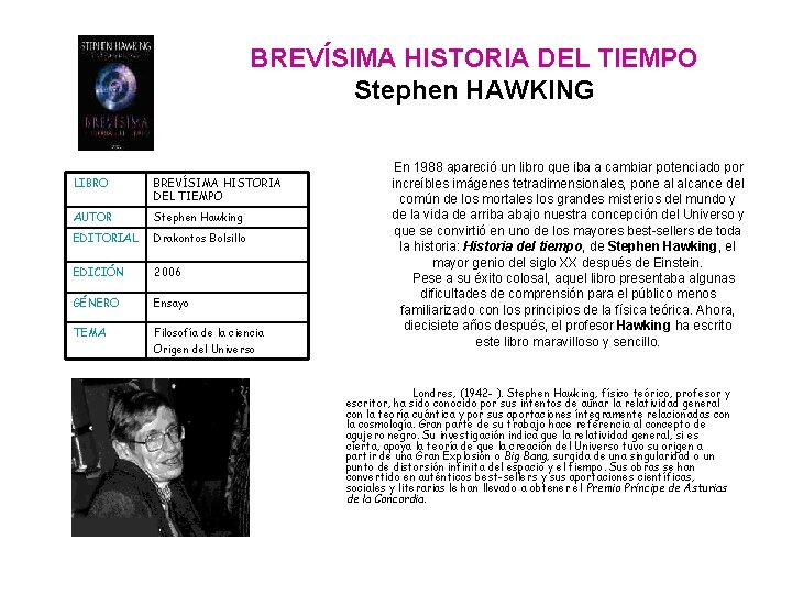 BREVÍSIMA HISTORIA DEL TIEMPO Stephen HAWKING LIBRO BREVÍSIMA HISTORIA DEL TIEMPO AUTOR Stephen Hawking