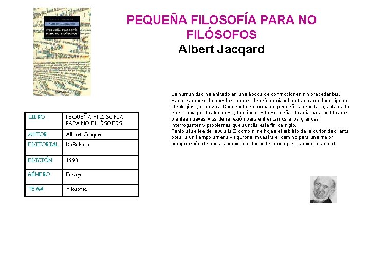 PEQUEÑA FILOSOFÍA PARA NO FILÓSOFOS Albert Jacqard LIBRO PEQUEÑA FILOSOFÍA PARA NO FILÓSOFOS AUTOR