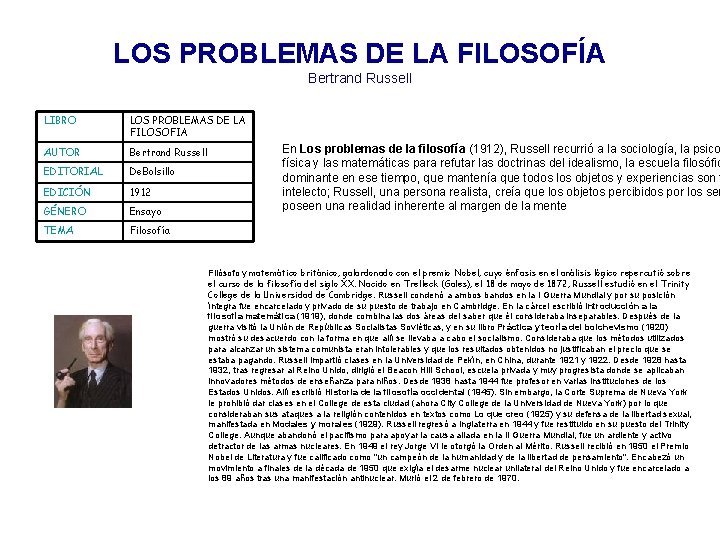 LOS PROBLEMAS DE LA FILOSOFÍA Bertrand Russell LIBRO LOS PROBLEMAS DE LA FILOSOFIA AUTOR