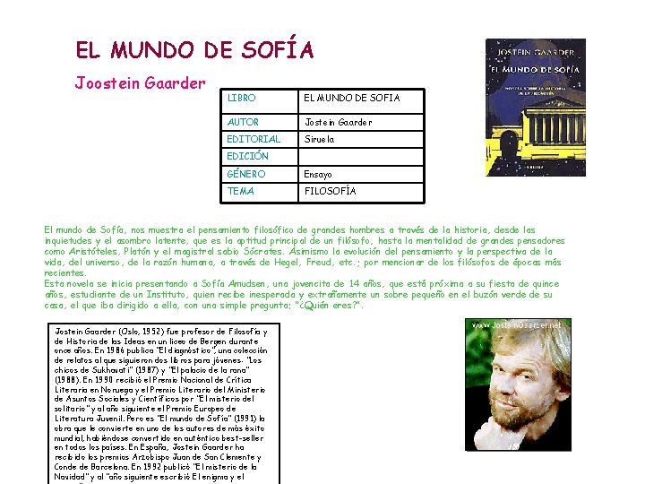 EL MUNDO DE SOFÍA Joostein Gaarder LIBRO EL MUNDO DE SOFIA AUTOR Jostein Gaarder