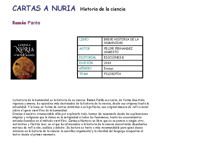 CARTAS A NURIA Historia de la ciencia Ramón Parés LIBRO BREVE HISTORIA DE LA