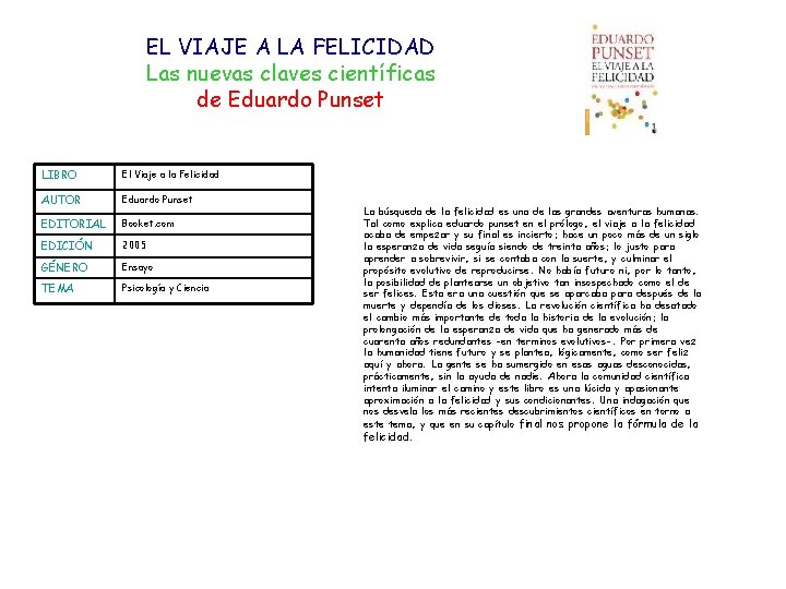 EL VIAJE A LA FELICIDAD Las nuevas claves científicas de Eduardo Punset LIBRO El