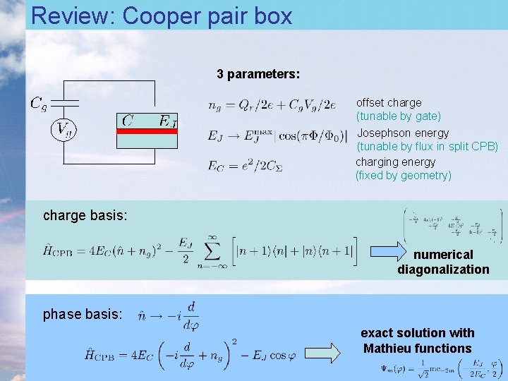 Review: Cooper pair box 3 parameters: offset charge (tunable by gate) Josephson energy (tunable Review: Cooper pair box 3 parameters: offset charge (tunable by gate) Josephson energy (tunable