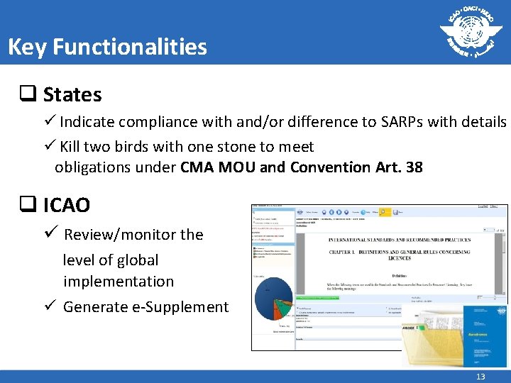 Key Functionalities q States ü Indicate compliance with and/or difference to SARPs with details