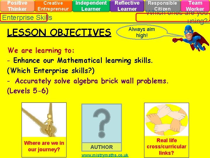 Positive Thinker Creative Entrepreneur Independent Learner Reflective Learner Enterprise Skills LESSON OBJECTIVES Responsible Citizen