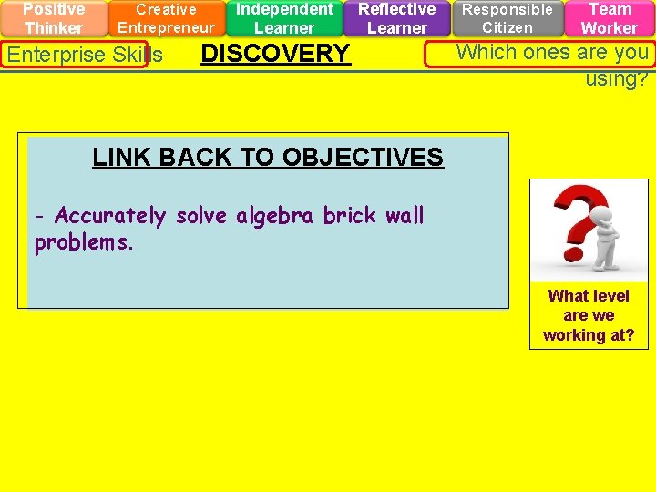 Positive Thinker Creative Entrepreneur Enterprise Skills Independent Learner Reflective Learner DISCOVERY Responsible Citizen Team