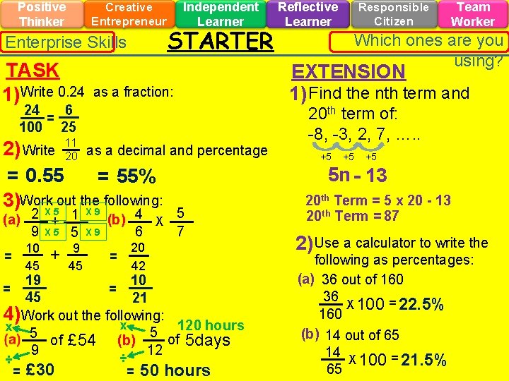Positive Thinker Creative Entrepreneur Enterprise Skills TASK 1) Write 0. 24 Independent Learner STARTER