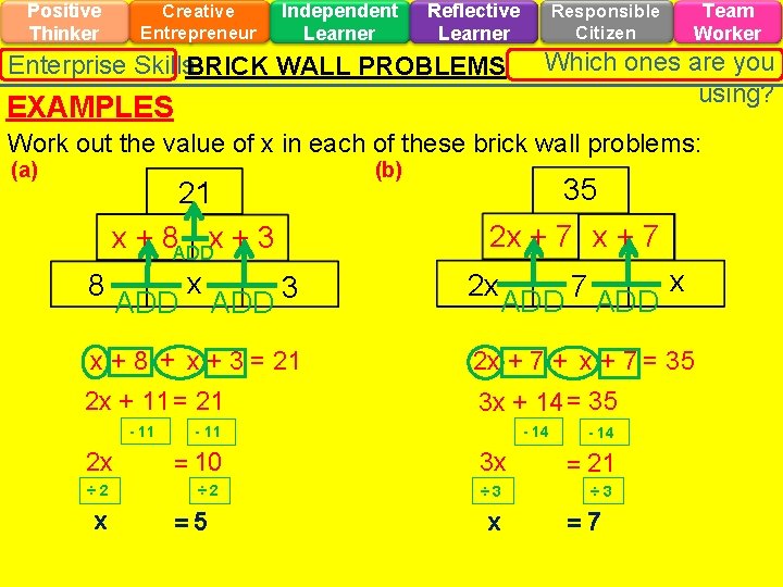 Positive Thinker Creative Entrepreneur Independent Learner Reflective Learner Enterprise Skills. BRICK WALL PROBLEMS EXAMPLES