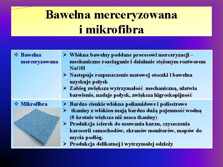 Bawełna merceryzowana i mikrofibra v Bawełna Ø Włókna bawełny poddane procesowi merceryzacji – merceryzowana