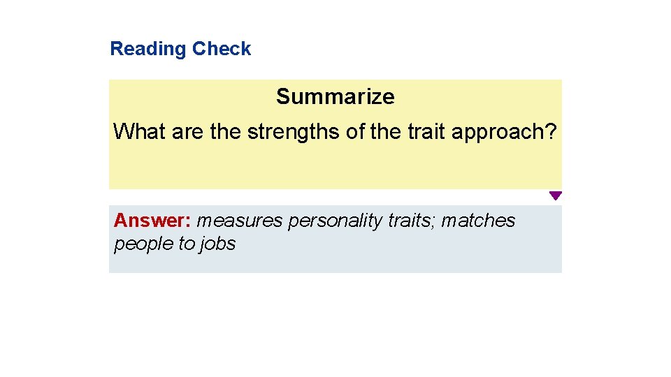 Reading Check Summarize What are the strengths of the trait approach? Answer: measures personality