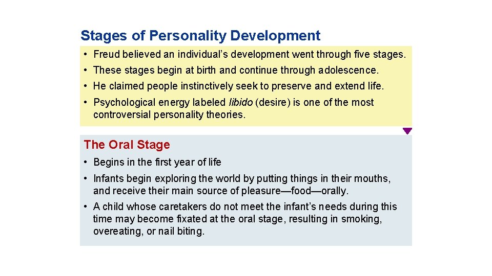 Stages of Personality Development • Freud believed an individual’s development went through five stages.