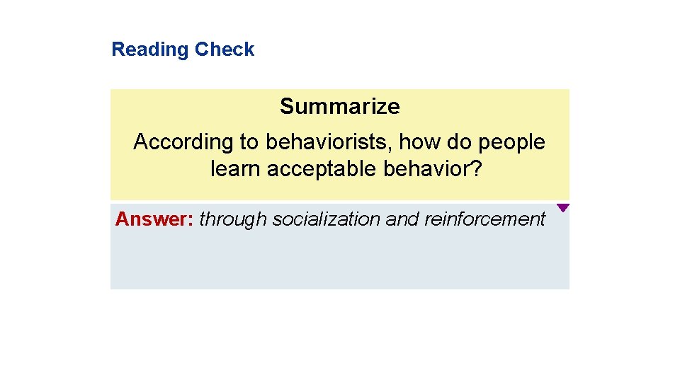 Reading Check Summarize According to behaviorists, how do people learn acceptable behavior? Answer: through