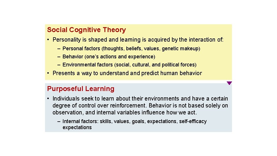 Social Cognitive Theory • Personality is shaped and learning is acquired by the interaction