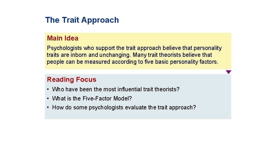 The Trait Approach Main Idea Psychologists who support the trait approach believe that personality