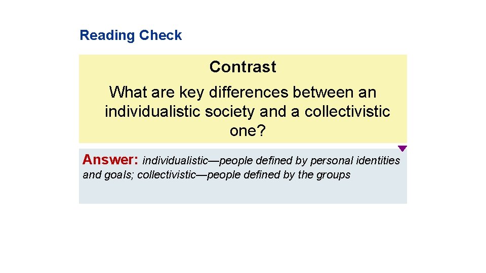 Reading Check Contrast What are key differences between an individualistic society and a collectivistic