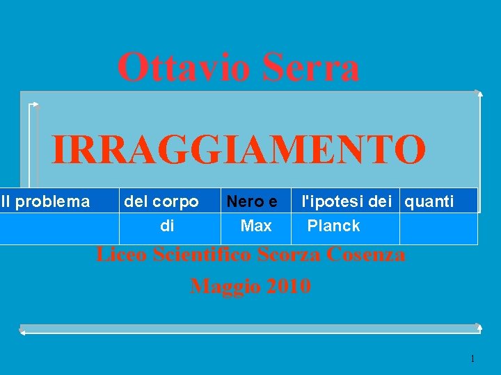 Ottavio Serra IRRAGGIAMENTO Il problema del corpo di Nero e Max l'ipotesi dei quanti