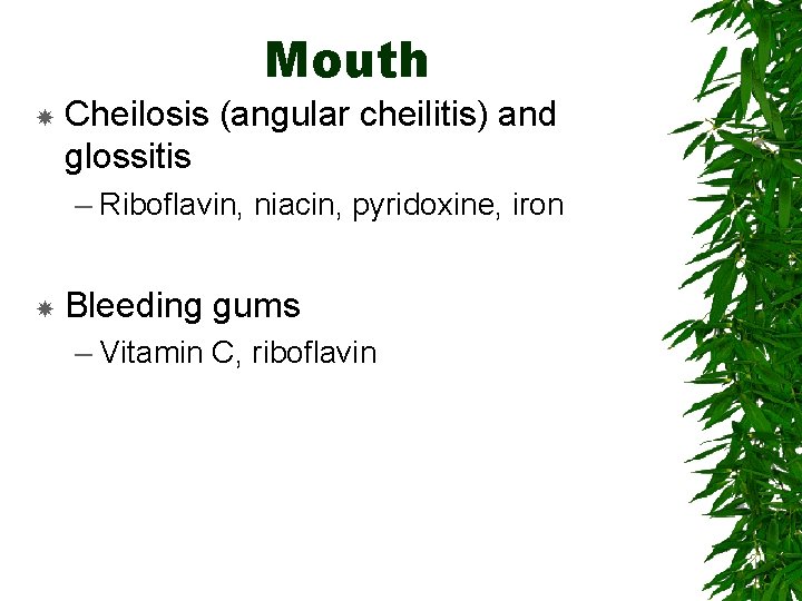 Mouth Cheilosis (angular cheilitis) and glossitis – Riboflavin, niacin, pyridoxine, iron Bleeding gums –