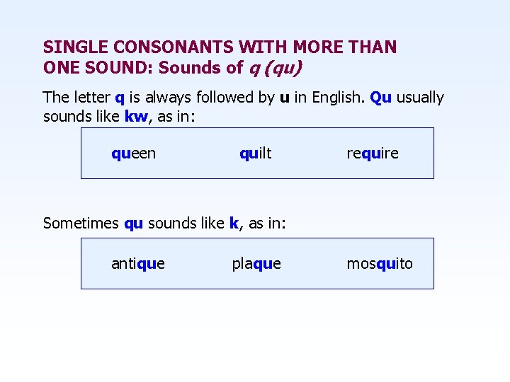 SINGLE CONSONANTS WITH MORE THAN ONE SOUND: Sounds of q (qu) The letter q