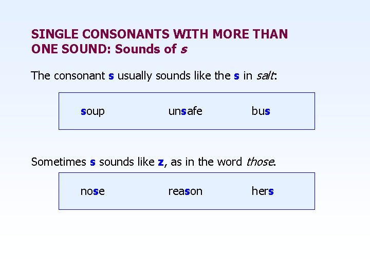SINGLE CONSONANTS WITH MORE THAN ONE SOUND: Sounds of s The consonant s usually